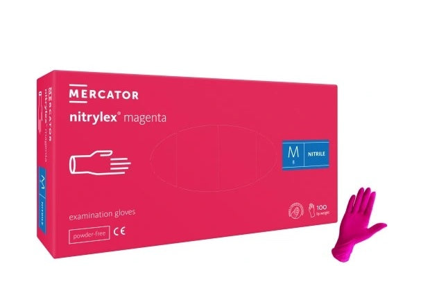 RĘKAWICE NITRYLOWE RÓŻOWE BEZPUDROWE MERCATOR MAGENTA Rozmiar M 100sztuk