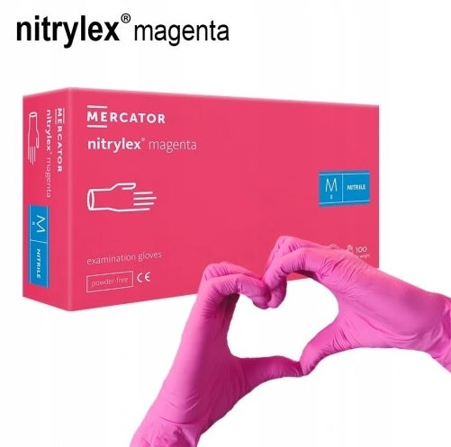 RĘKAWICE NITRYLOWE RÓŻOWE BEZPUDROWE MERCATOR MAGENTA Rozmiar M 100sztuk